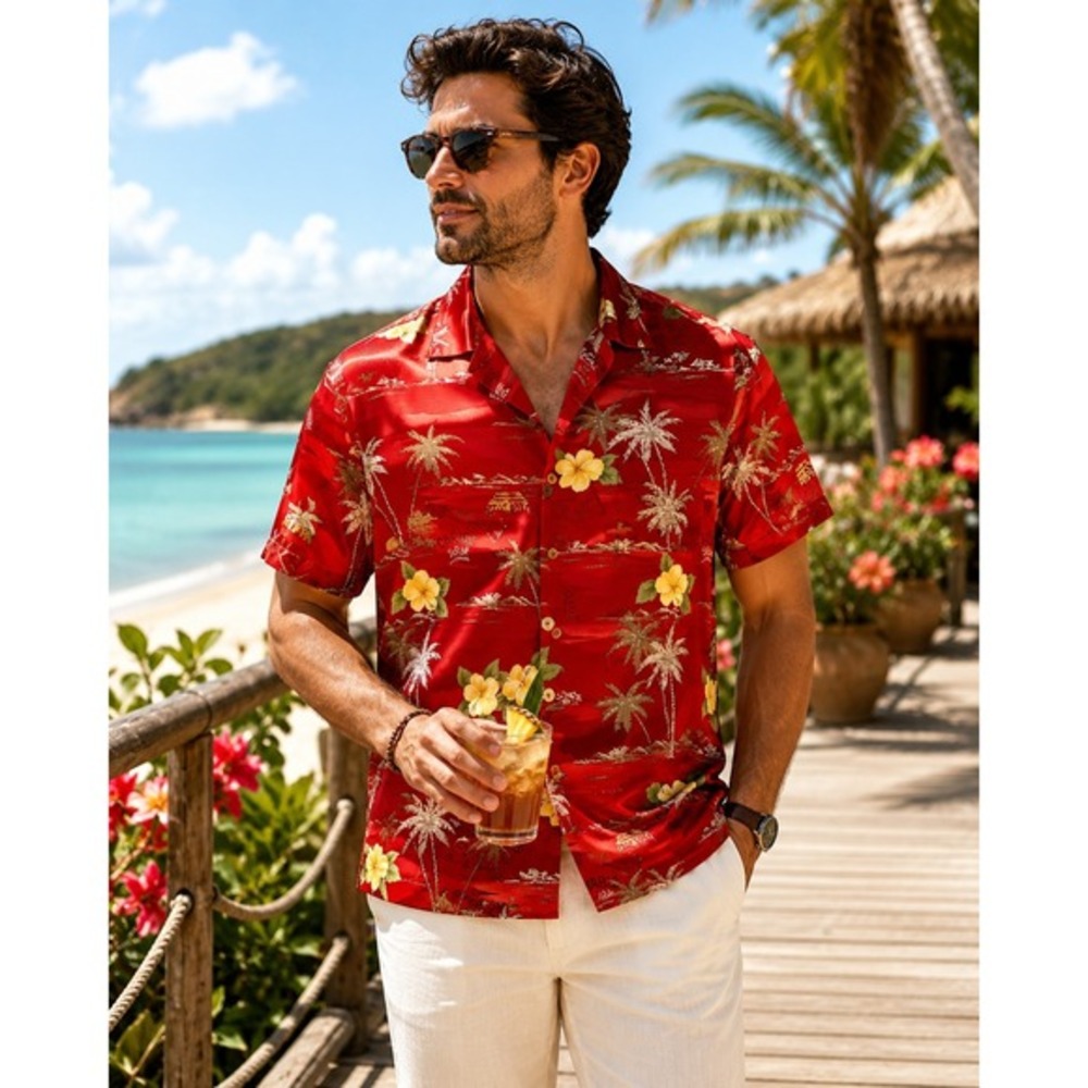 Island Traders Tropical Floral‎ Hawaiian Shirt Men L Red Resort Coastal Aloha